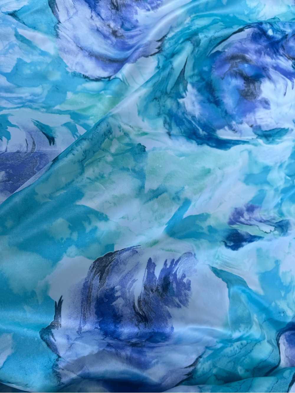 Blue Floral Watercolor 2 sided poly satin charmeuse fabric 3 yards vintage